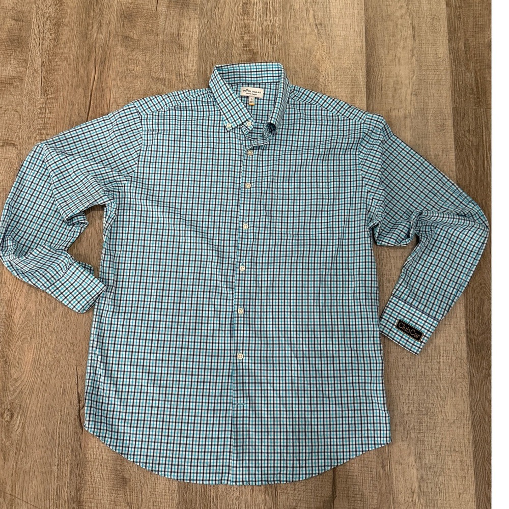 Peter Millar Summer Comfort Shirt L Teal Navy Check Club Car MS19EW02BL